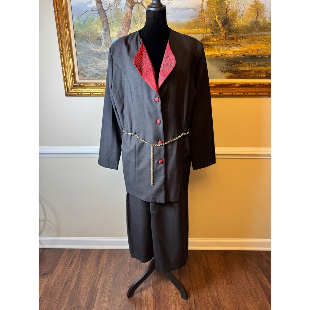 Vintage 90s Black Red Snake Print Skirt Suit Set Blazer Gold Chain Plus 20‎